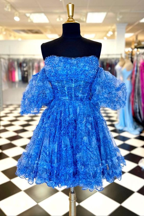 Printed Detachable Sleeves Ruffled Short Homecoming Dress