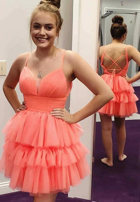 Straps A-line Homecoming Dress,Short Cocktail Dresses with Ruffle Skirt