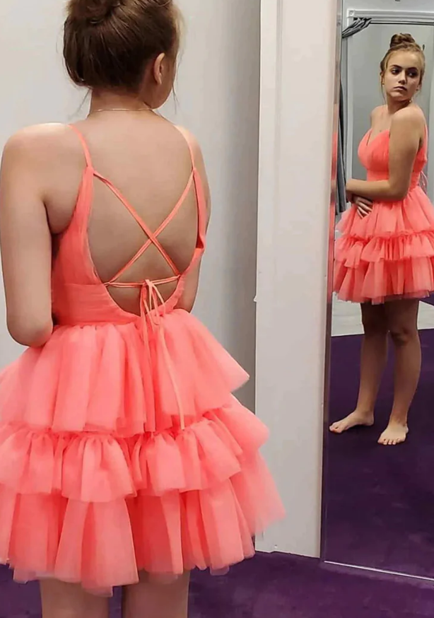 Straps A-line Homecoming Dress,Short Cocktail Dresses with Ruffle Skirt