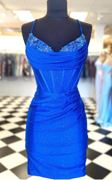 Sparkly Royal Blue Beaded Pleated Sheath Homecoming Dress