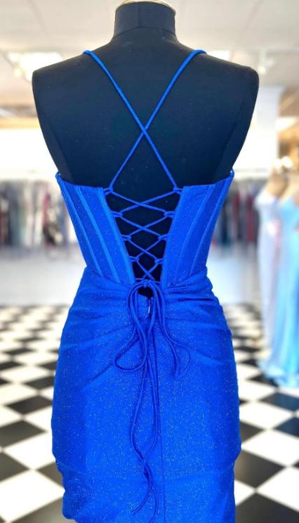 Sparkly Royal Blue Beaded Pleated Sheath Homecoming Dress