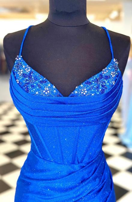 Sparkly Royal Blue Beaded Pleated Sheath Homecoming Dress