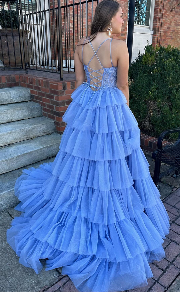 Ruffle Tulle Ballgown Long Prom Dresses with Lace Corset Bodice