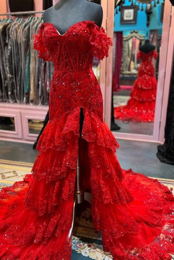 Tulle Sequin Mermaid Prom Dress with Sheer Corset Bodice and Ruffle Skirt