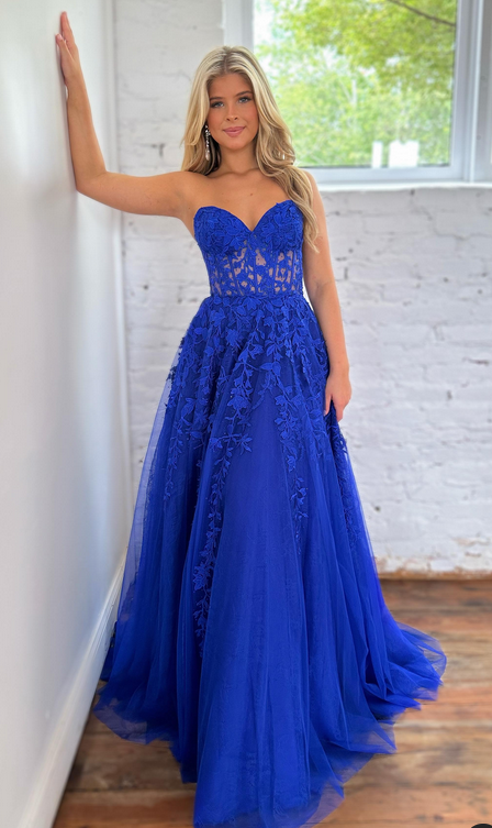 Strapless Royal Blue Leaf Lace Long Prom Dress with Sheer Corset