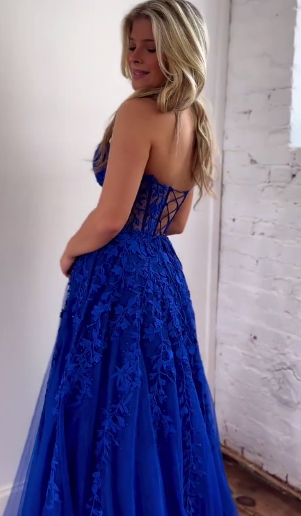 Strapless Royal Blue Leaf Lace Long Prom Dress with Sheer Corset Bodice