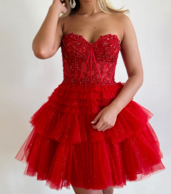 Strapless Sheer Lace Corset Homecoming Dress with Ruffle Tulle Skirt DTH111