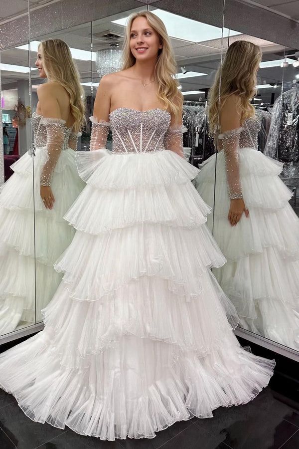 Strapless Long Prom Dress with Pleated Organza Ruffle Skirt and Removable Pearl Sleeves