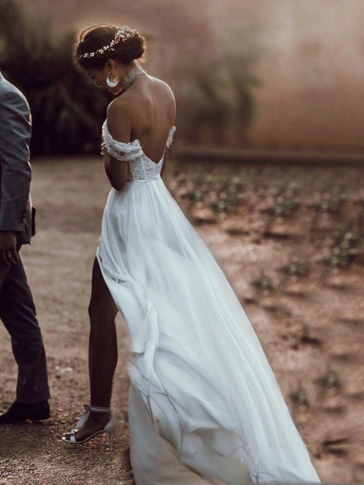 Off the Shoulder A-line Floor-Length Beach Wedding Dresses DTB139