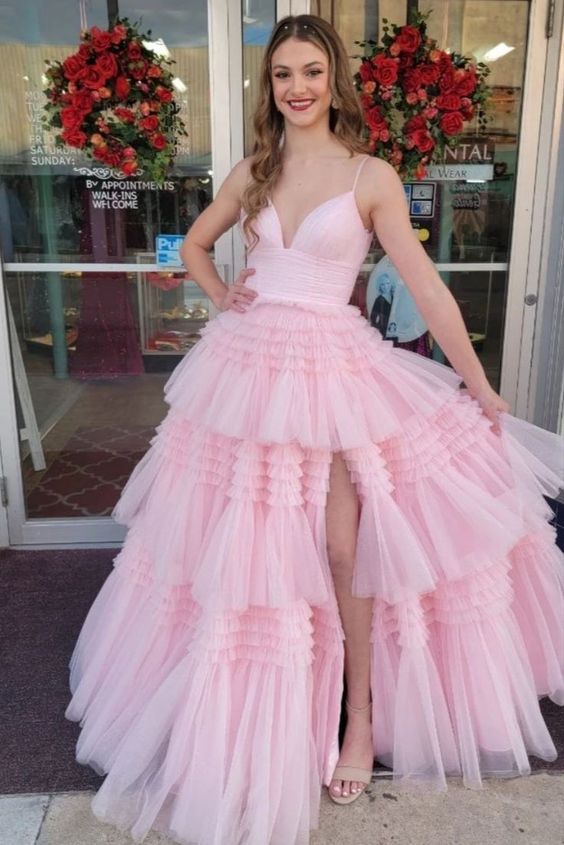Straps Sparkly Tulle Long Prom Dress with Tiered Ruffle Skirt and Ruched Bodice