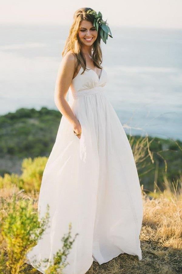A-Line Spaghetti Straps Sweep Train Chiffon Wedding Dress DTB144