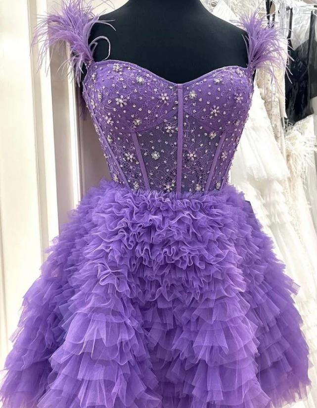 Short Homecoming Dress with Ruffle Skirt and Feather Straps
