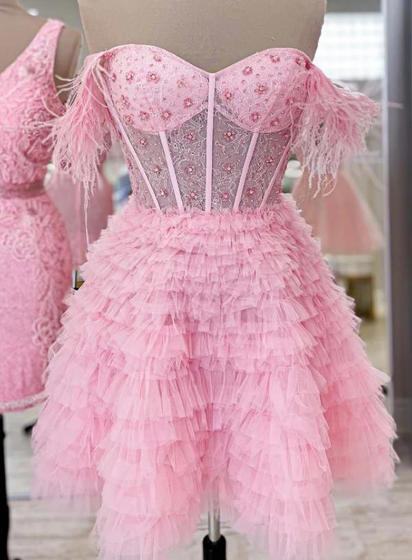 Short Homecoming Dress with Ruffle Skirt and Feather Straps