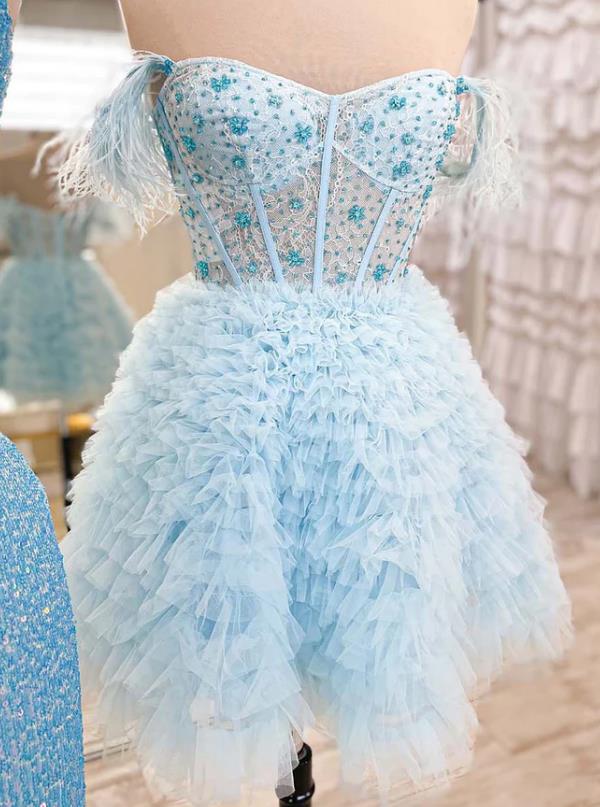 Short Homecoming Dress with Ruffle Skirt and Feather Straps