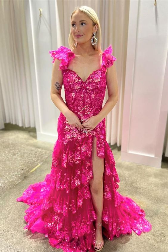 Tulle Sequin Mermaid Prom Dress with Sheer Corset Bodice and Ruffle Skirt