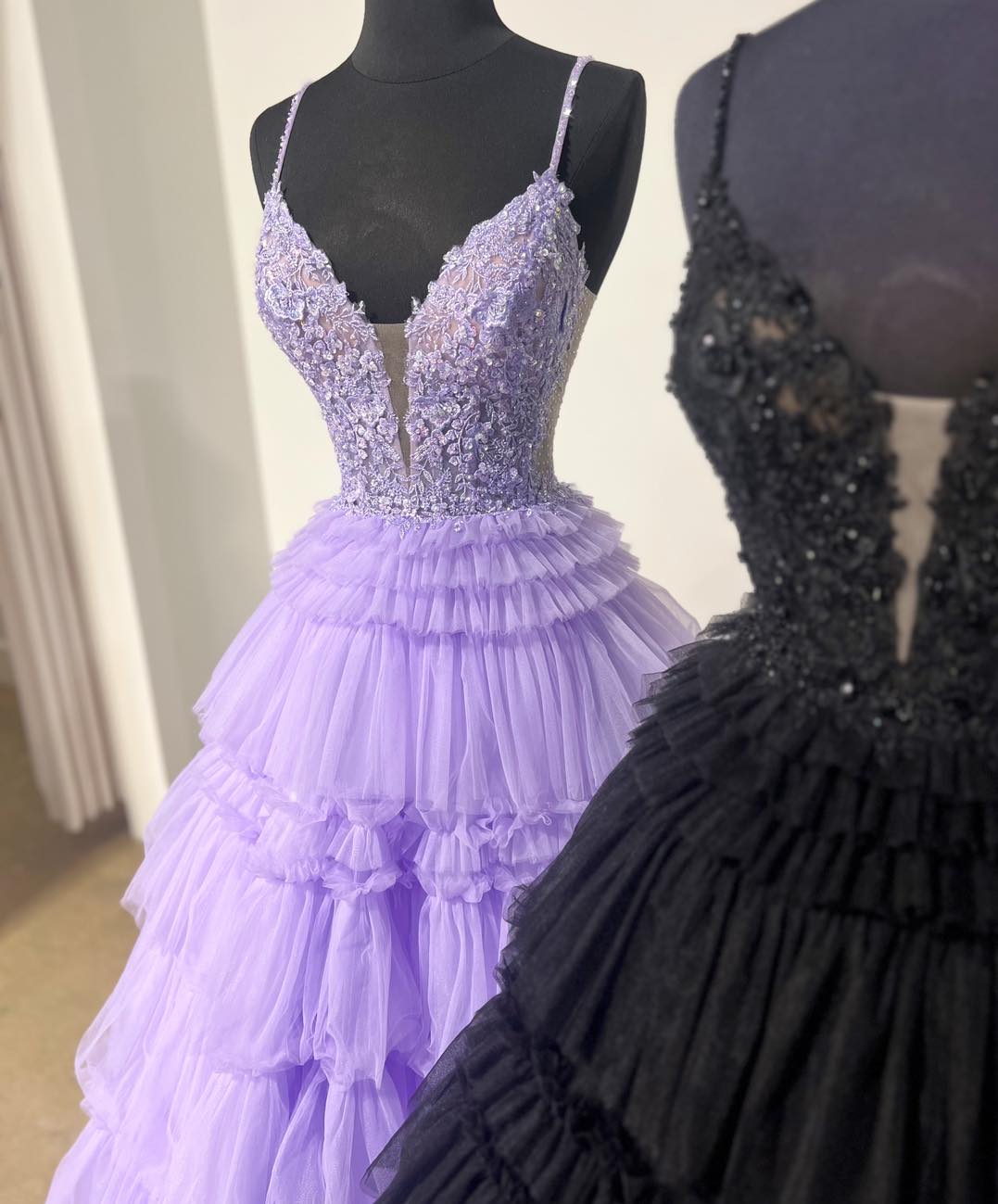 Straps Ball Gown Prom Dress with Lace Corset Bodice and Ruffle Skirt