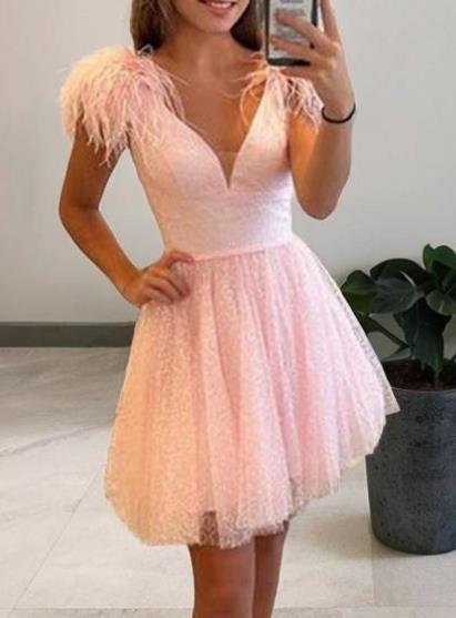 Sparkly Short Homecoming Dress with Feather