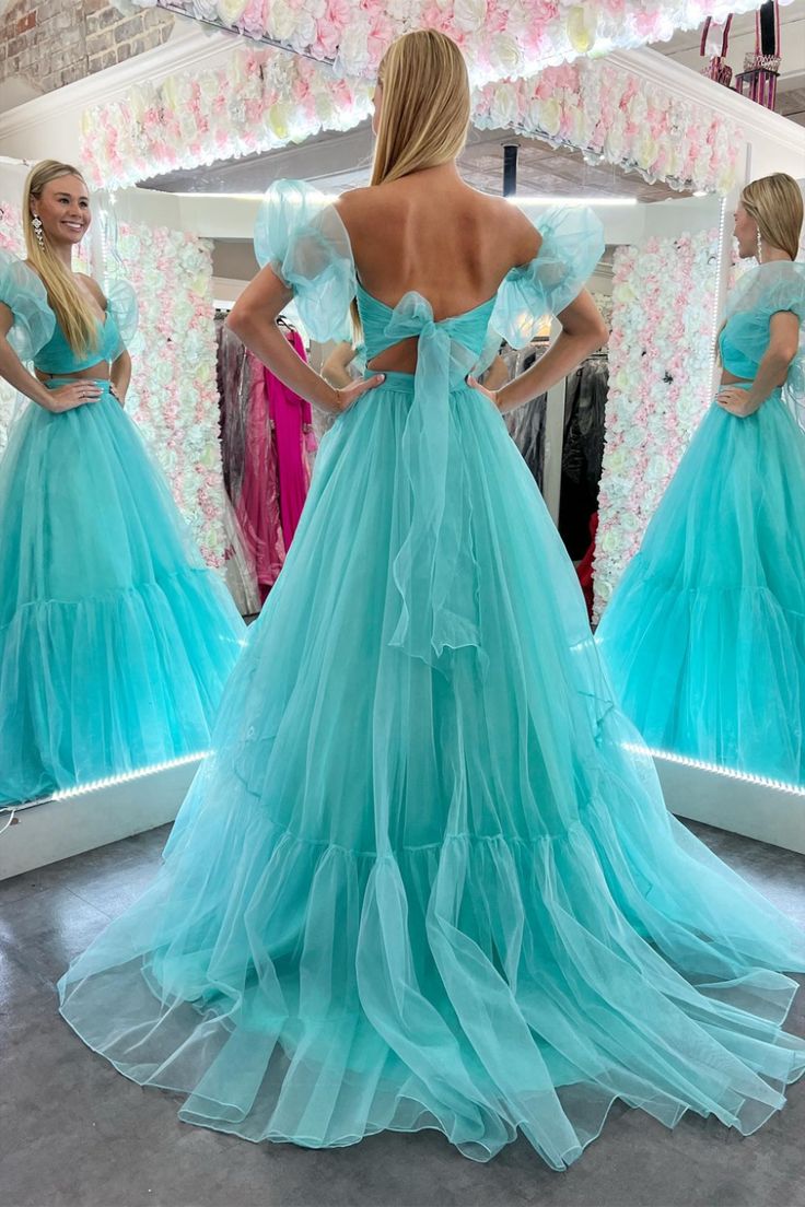 Two Pieces Tulle Long Prom Dress with Removable Sleeves