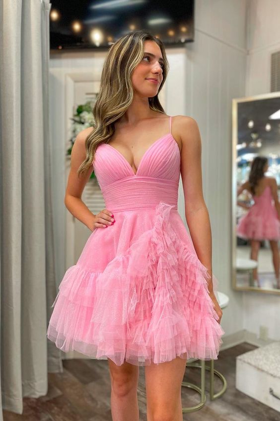 Short Ruffle Tulle Homecoming Dress with Spaghetti Straps