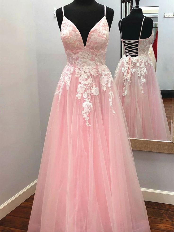 V-neck A-line Tulle/Lace Long Prom Dress