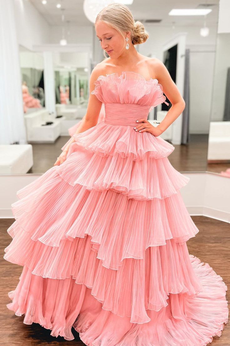 organza ruffle prom dress Pink Mermaid Prom Dress Strapless Deep V Sweetheart Silver Crystal Swirl Beaded 3D Floral Voluminous Organza Ruffle Cathedral Train