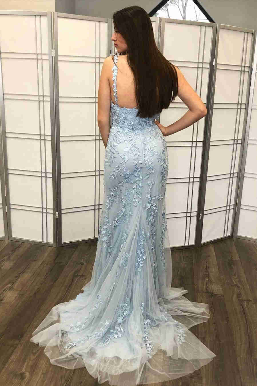 Mermaid Light Blue Lace Long Prom Dress