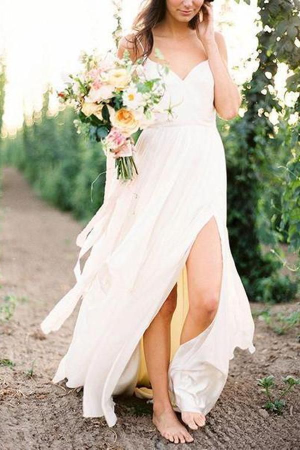Casual Spahgetti Straps V Neck A-line Floor-Length Beach Wedding Dresses DTB141