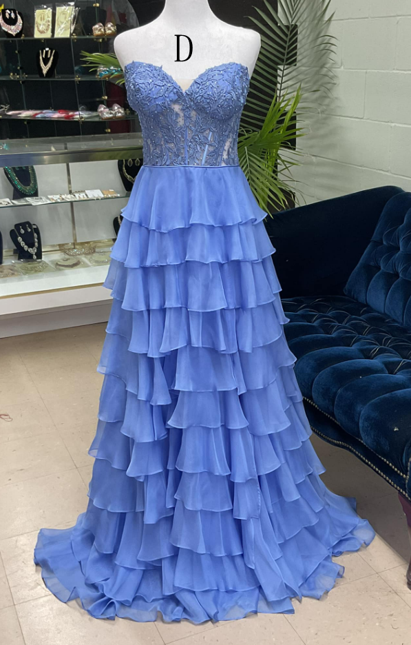 Ruffle Chiffon A-Line Long Prom Dress with Leaf Lace Top