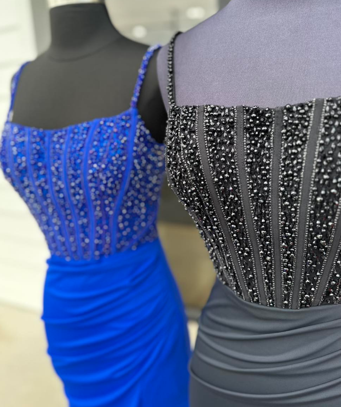 Straps Long Prom Dresses with Beading Bodice and Skirt Slit
