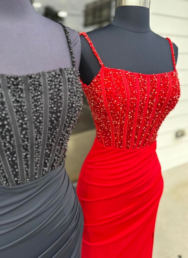 Straps Long Prom Dresses with Beading Bodice and Skirt Slit
