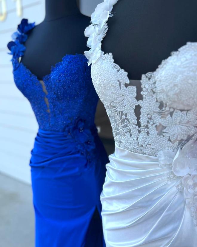 One Shoulder Long Prom Dresses with Lace Top and Skirt Slit