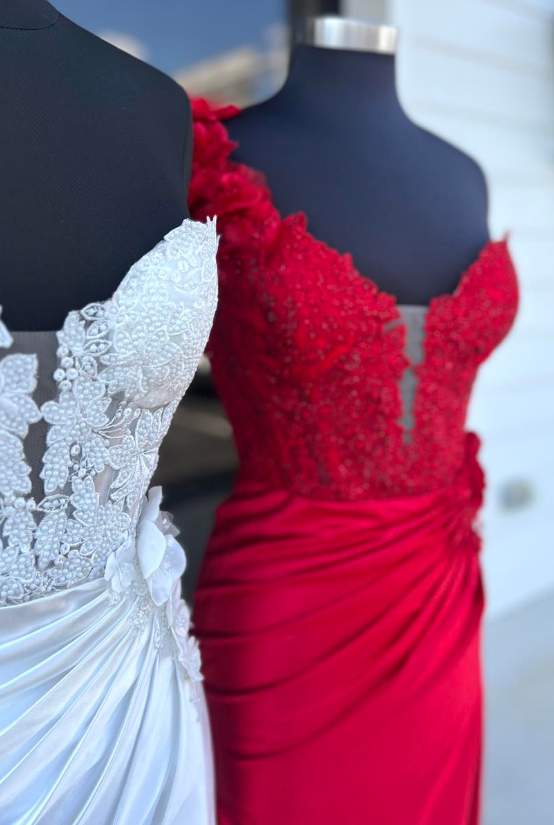 One Shoulder Long Prom Dresses with Lace Top and Skirt Slit