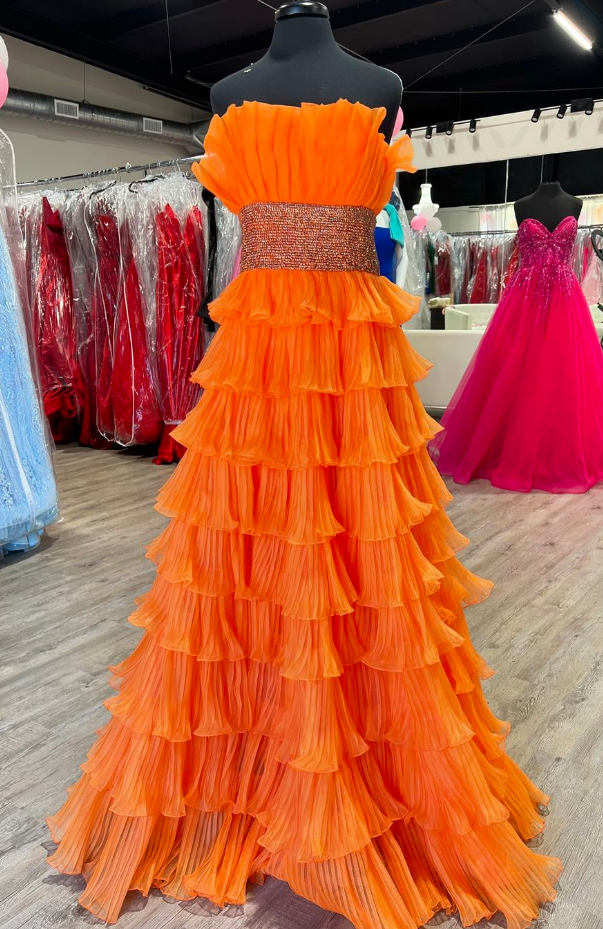 Strapless Long Prom Dress with Beading and Ruffle Skirt