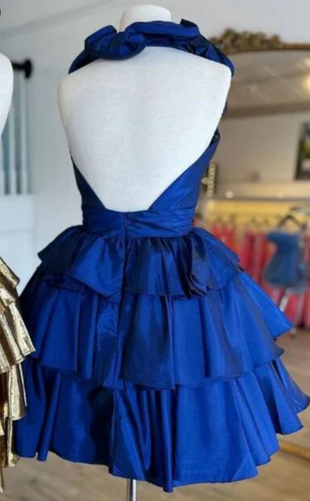 Royal Blue Halter-neck Short Dress with Ruffle Skirt