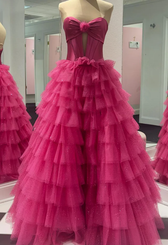 Strapless Long Prom Dress with Sparkly Ruffle Skirt