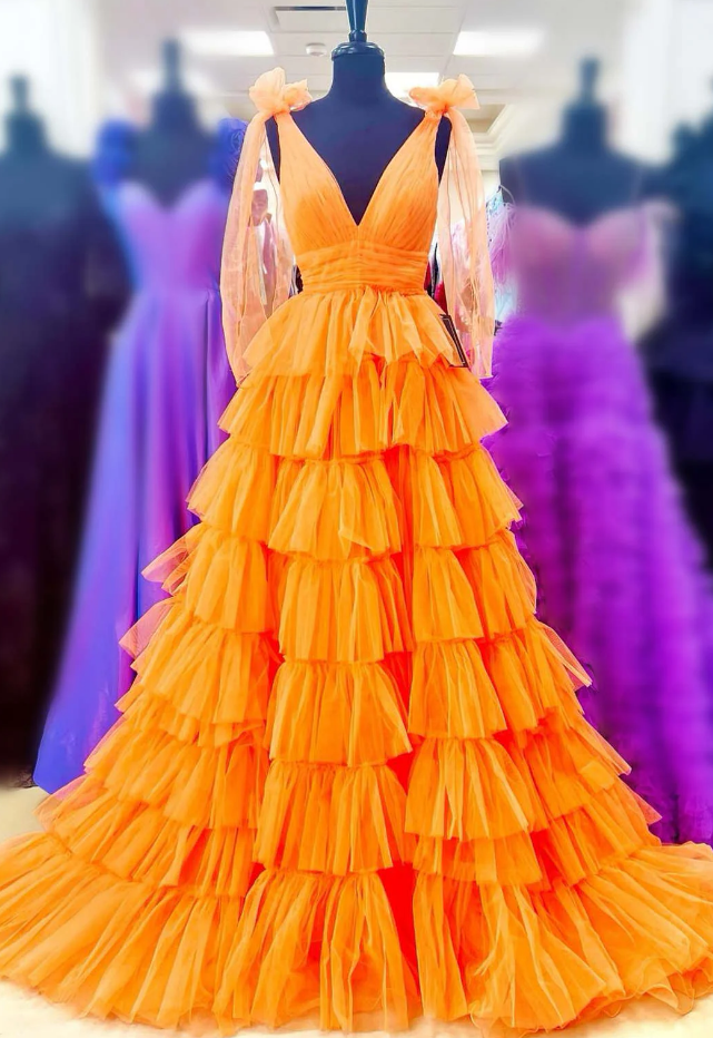 V-neck Long Prom Dress with Ruffle Skirt