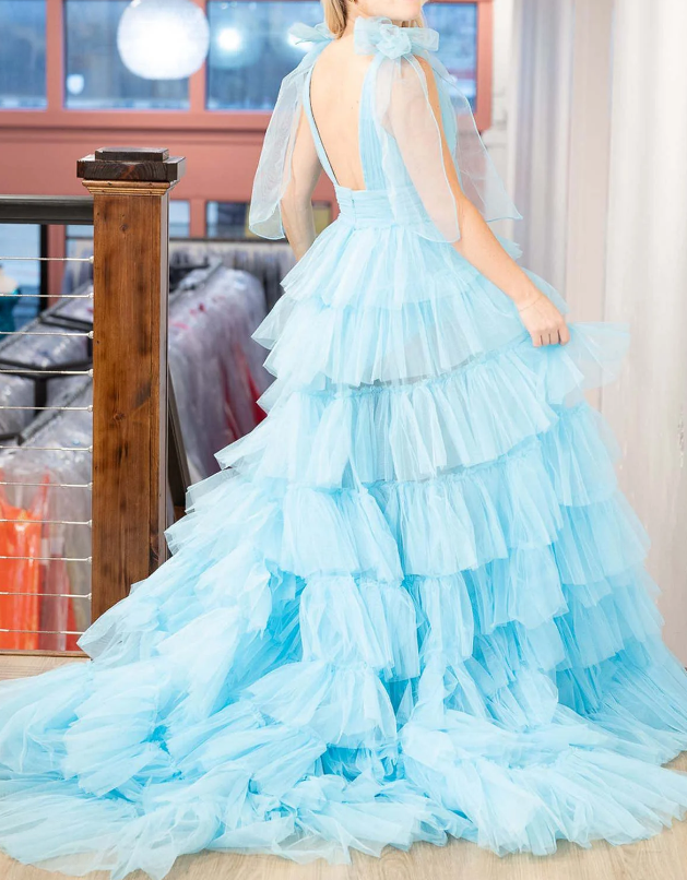 V-neck Long Prom Dress with Ruffle Skirt