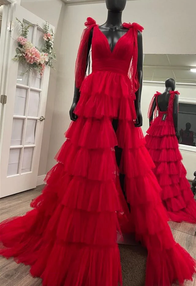 V-neck Long Prom Dress with Ruffle Skirt