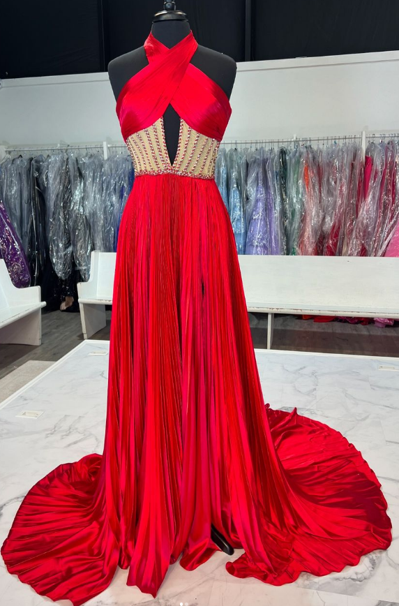 Halter Neck Red Long Prom Dress with Beading
