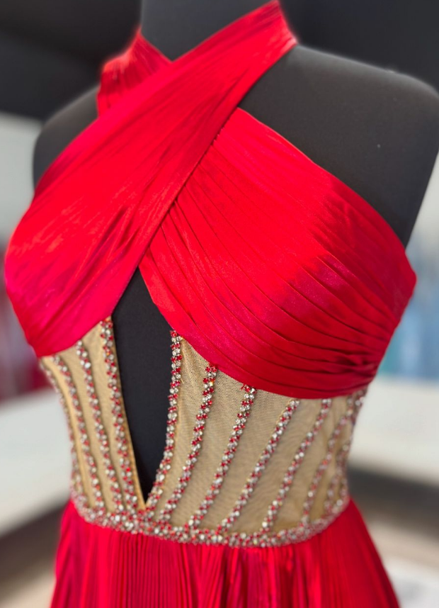 Halter Neck Red Long Prom Dress with Beading