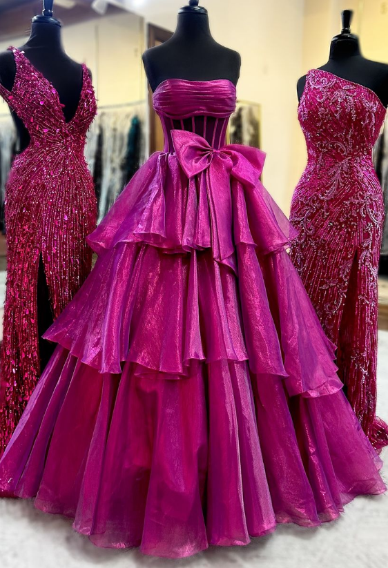 Strapless Long Prom Dress with Bow and Ruffle Skirt