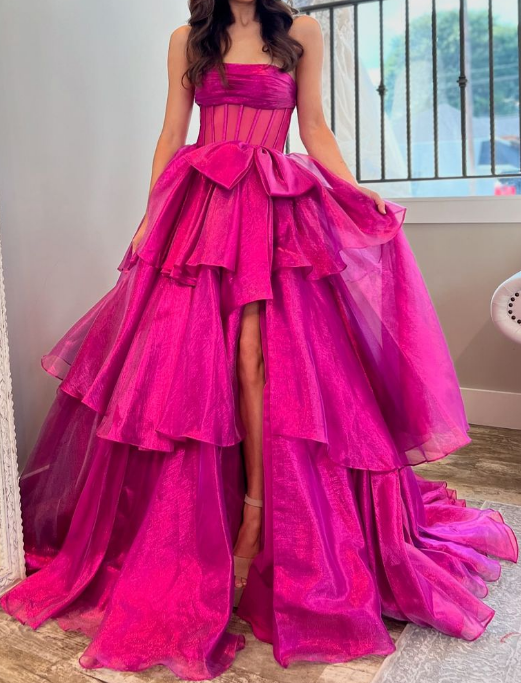 Strapless Long Prom Dress with Bow and Ruffle Skirt