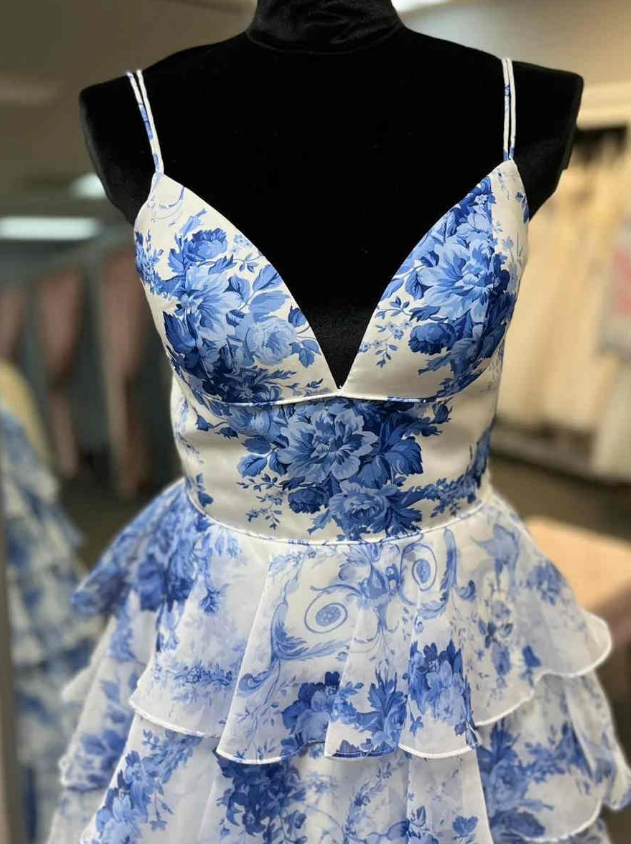 Straps Blue Print Long Prom Dress with Ruffle Skirt