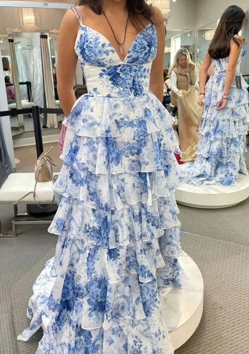 Straps Blue Print Long Prom Dress with Ruffle Skirt
