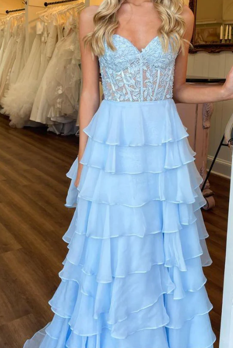 Strapless Chiffon Ruffle Long Prom Dress with Leaf Lace Bodice