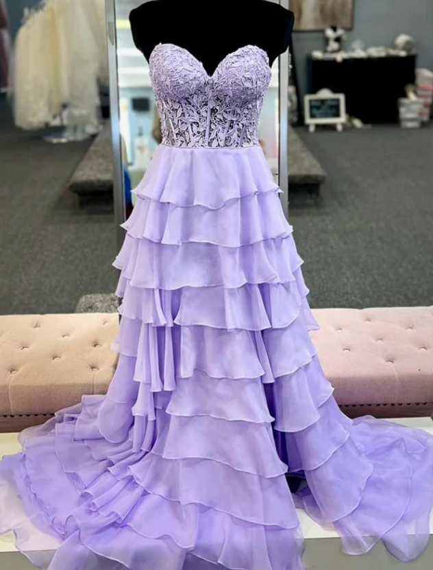 Strapless Chiffon Ruffle Long Prom Dress with Leaf Lace Bodice