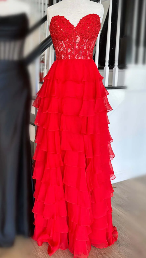 Strapless Chiffon Ruffle Long Prom Dress with Leaf Lace Bodice