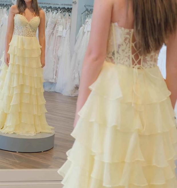 Strapless Chiffon Ruffle Long Prom Dress with Leaf Lace Bodice