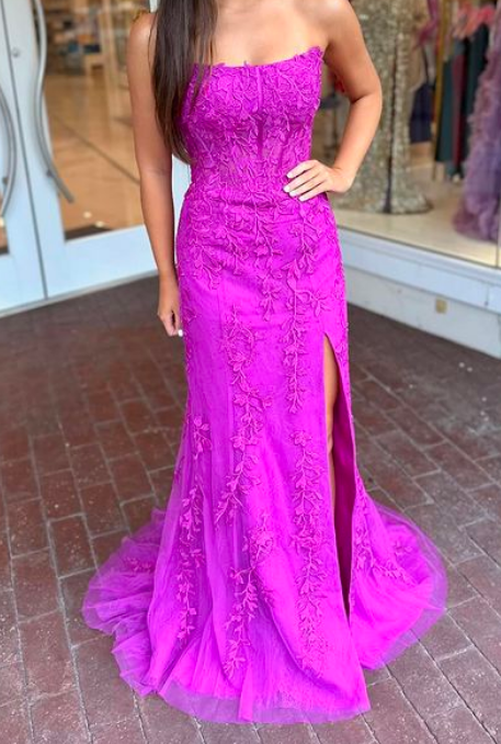 Strapless Leaf Lace Fitted Long Prom Dress with Skirt Slit