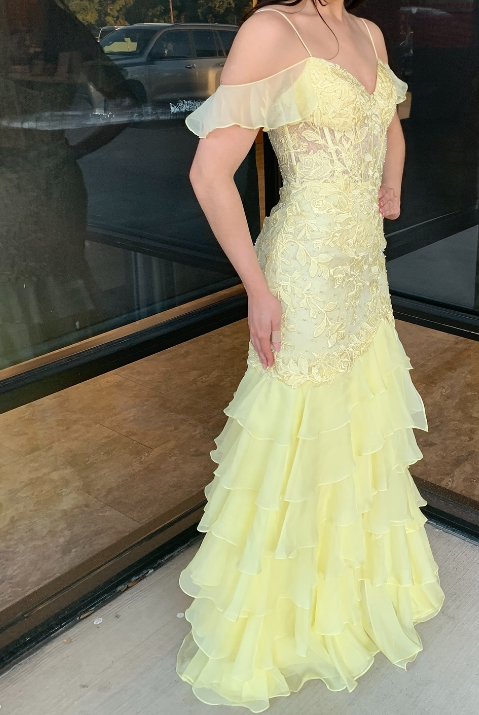 Straps Yellow Mermaid Long Prom Dress with Leaf Lace Top and Chiffon R DressesTailor Straps Yellow Mermaid Long Prom Dress with Leaf Lace Top and Chiffon R DressesTailor